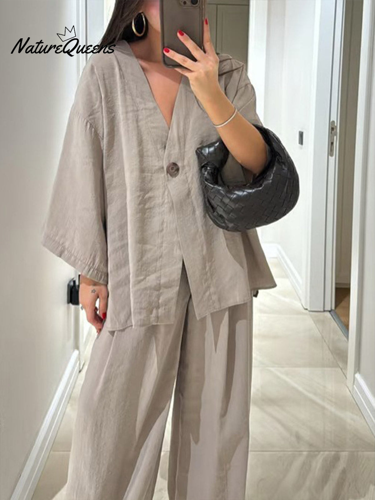 Women's Solid Color V-Neck Cardigan Top High Waist Casual Linen Wide Leg Pants Set