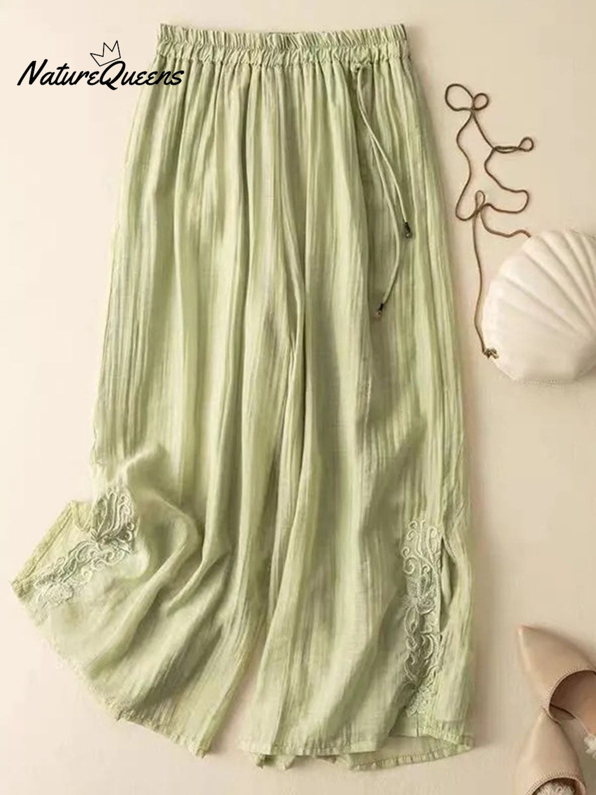 Women's Solid Color Elastic Waist Cotton and Linen Embroidery Wide Leg Pants