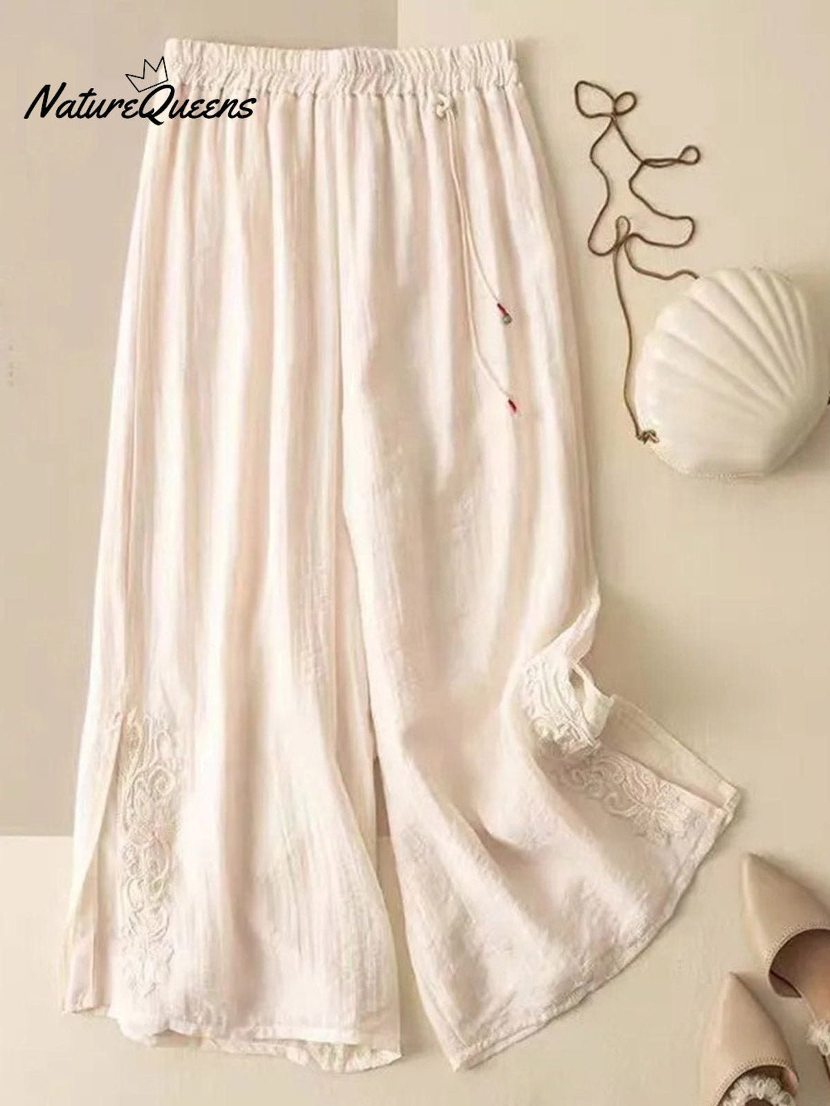 Women's Solid Color Elastic Waist Cotton and Linen Embroidery Wide Leg Pants