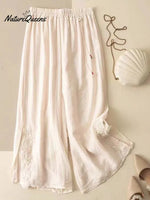 Women's Solid Color Elastic Waist Cotton and Linen Embroidery Wide Leg Pants