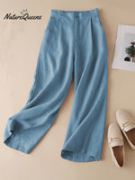 Women's Solid Color Casual Cotton and Linen Cropped Wide Leg Pants