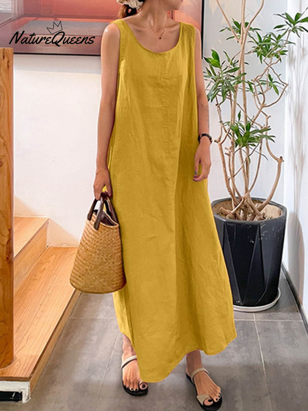 Women's Summer Round Neck Sleeveless Vest Casual Cotton and Linen Dress