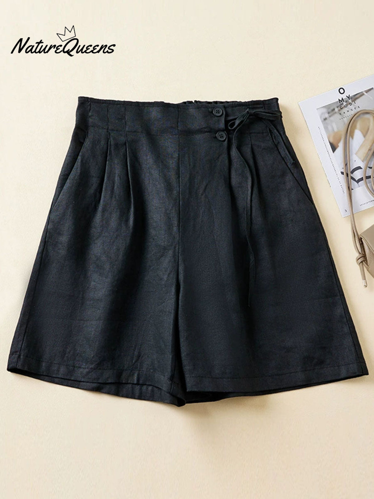 Women's Semi-elastic High Waist Solid Color Casual Cotton and Linen Wide Leg Shorts