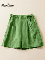 Women's Semi-elastic High Waist Solid Color Casual Cotton and Linen Wide Leg Shorts