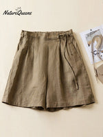 Women's Semi-elastic High Waist Solid Color Casual Cotton and Linen Wide Leg Shorts
