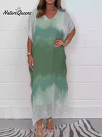 Women's V-neck Short-sleeved Gradient Smudge Print Loose Chiffon Dress