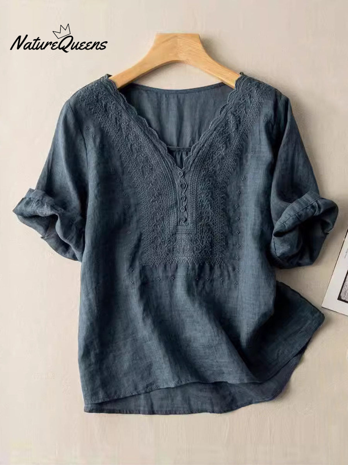 Women's Wave Embroidery V-Neck Solid Color Half Sleeve Cotton and Linen Top