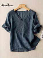 Women's Wave Embroidery V-Neck Solid Color Half Sleeve Cotton and Linen Top