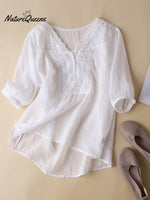 Women's Wave Embroidery V-Neck Solid Color Half Sleeve Cotton and Linen Top