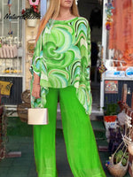 Women's Round Neck 3/4 Sleeves Abstract Geometric Pattern Print Loose and Comfortable Top High Waist Solid Color Wide Leg Pants Chiffon Casual Suit