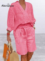 Women's Solid Color V-Neck 3/4 Sleeve Loose Tops High Waist Lace-up Casual Wide-leg Shorts Set