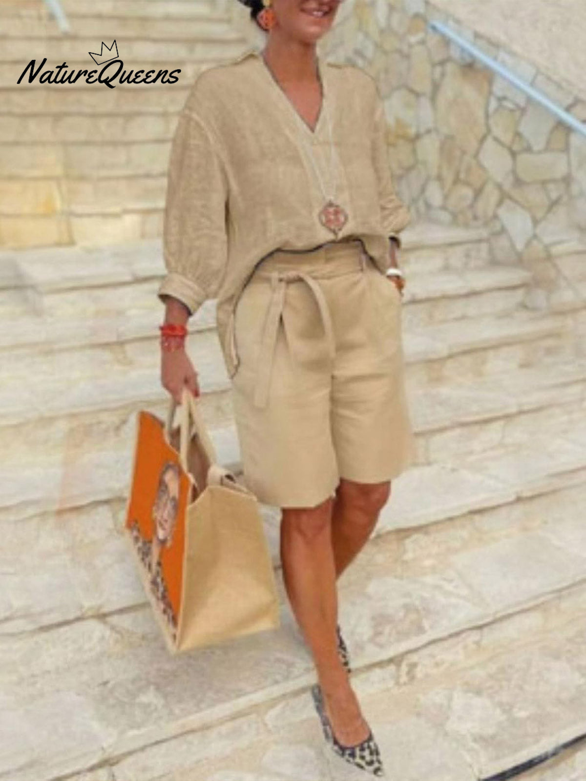 Women's Solid Color V-Neck 3/4 Sleeve Loose Tops High Waist Lace-up Casual Wide-leg Shorts Set