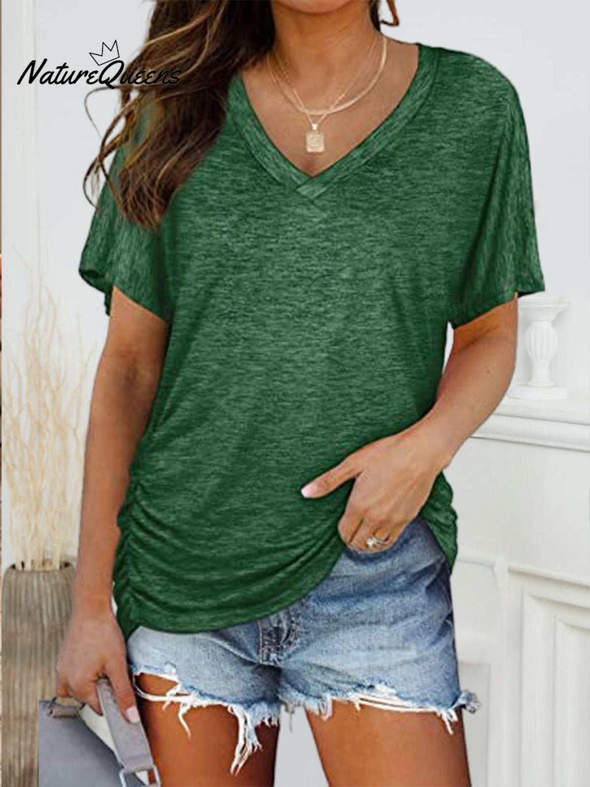 Women's Solid Color V-Neck Short Sleeve Casual Loose Cotton Top