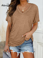 Women's Solid Color V-Neck Short Sleeve Casual Loose Cotton Top