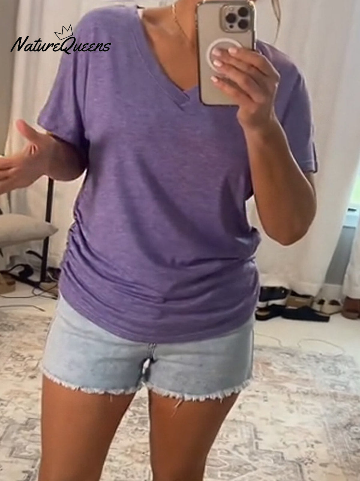 Women's Solid Color V-Neck Short Sleeve Casual Loose Cotton Top