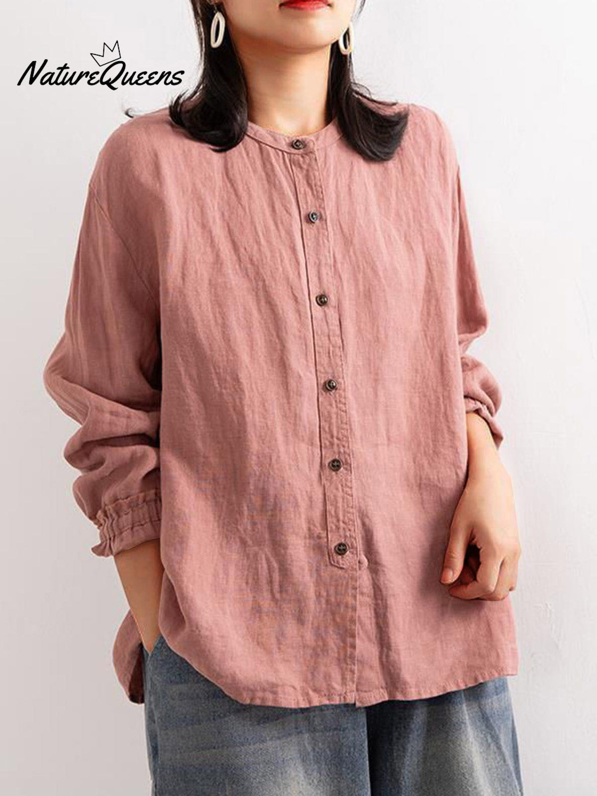 Women's Crew Neck Long Sleeve Loose Casual Linen Cardigan Top