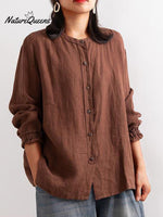 Women's Crew Neck Long Sleeve Loose Casual Linen Cardigan Top