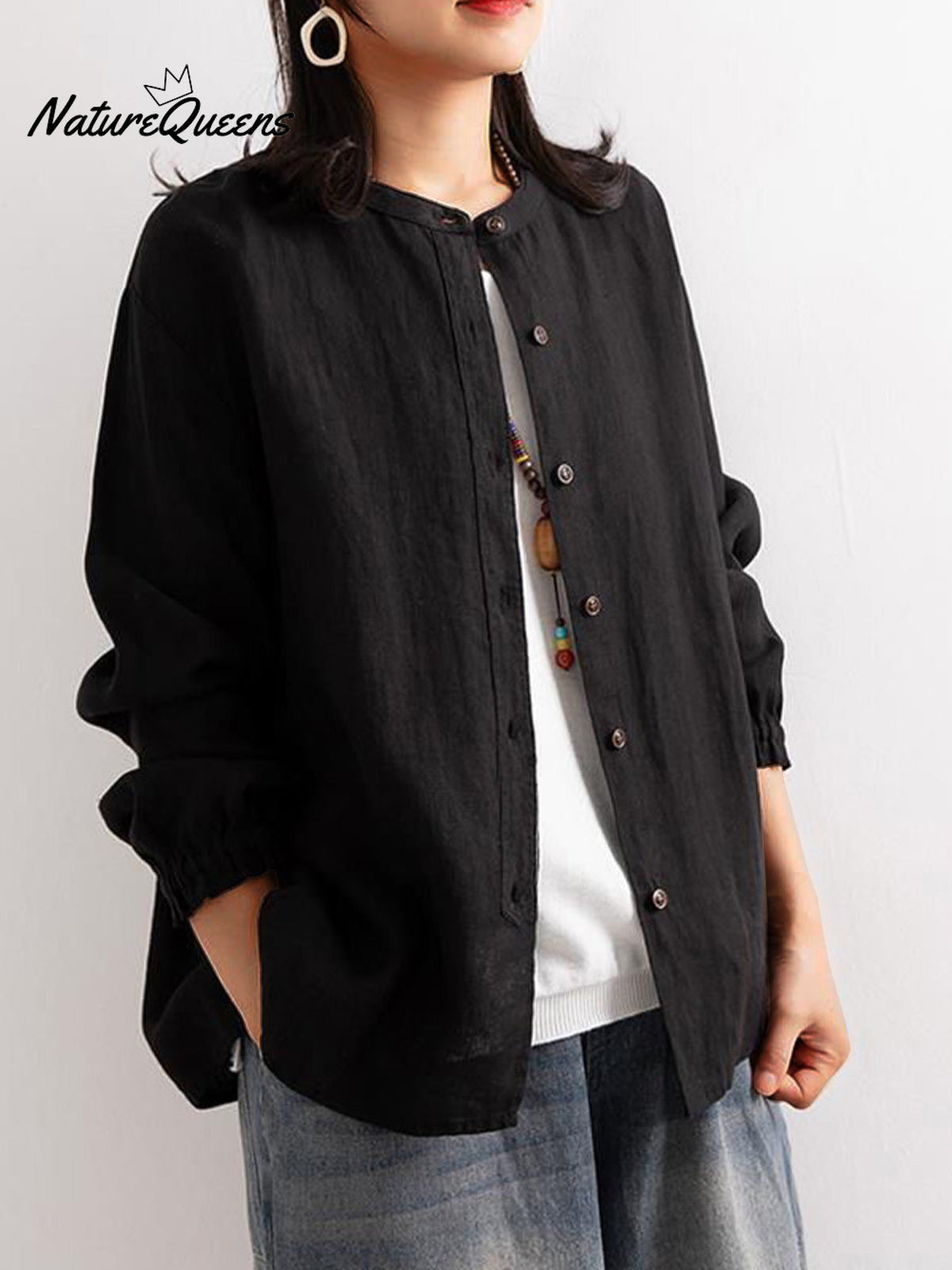 Women's Crew Neck Long Sleeve Loose Casual Linen Cardigan Top
