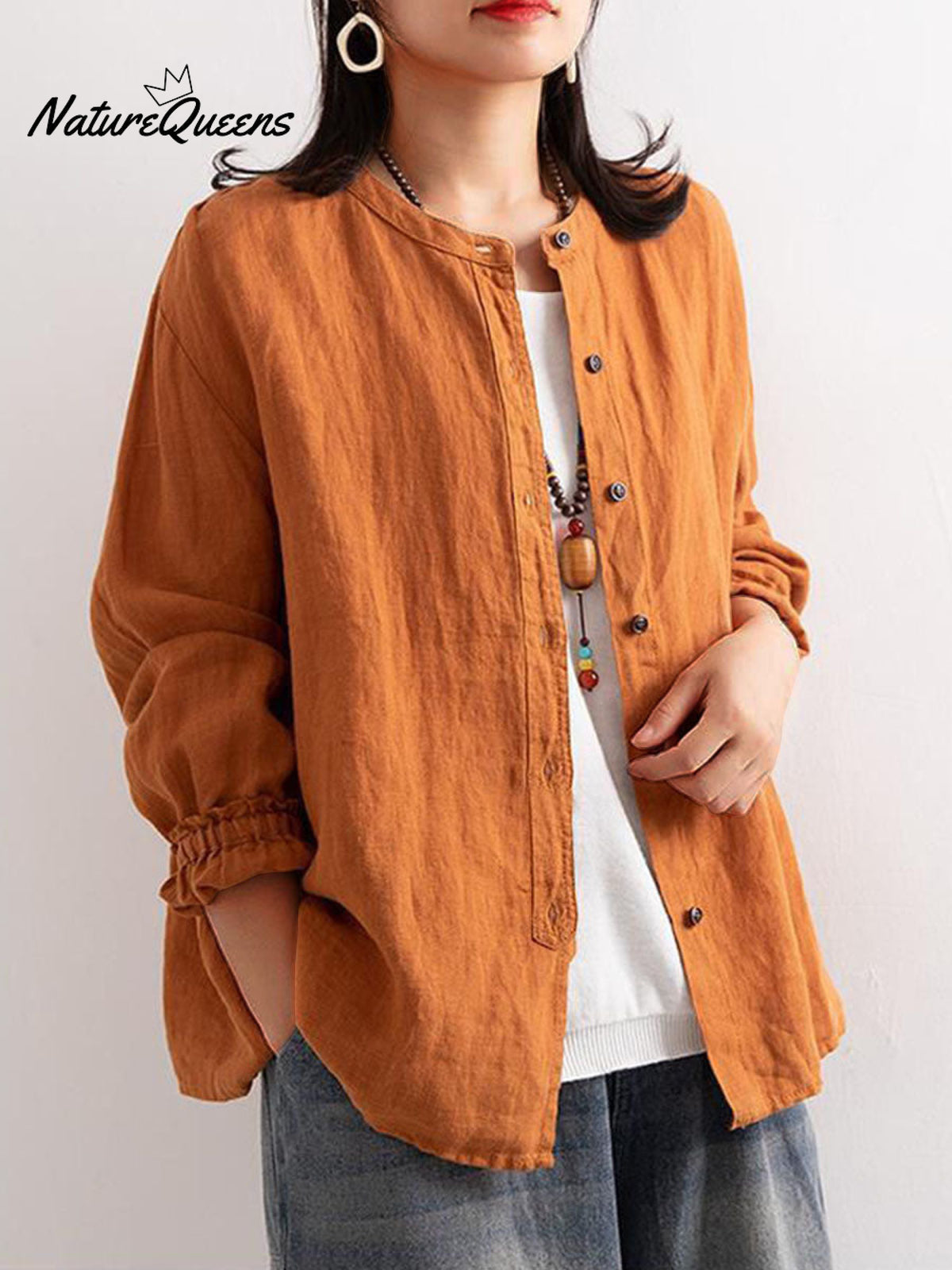 Women's Crew Neck Long Sleeve Loose Casual Linen Cardigan Top