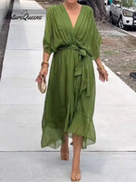 Women's Solid Color V-Neck Batwing Sleeve Casual Tie-up Ruffled Flowing Chiffon Dress