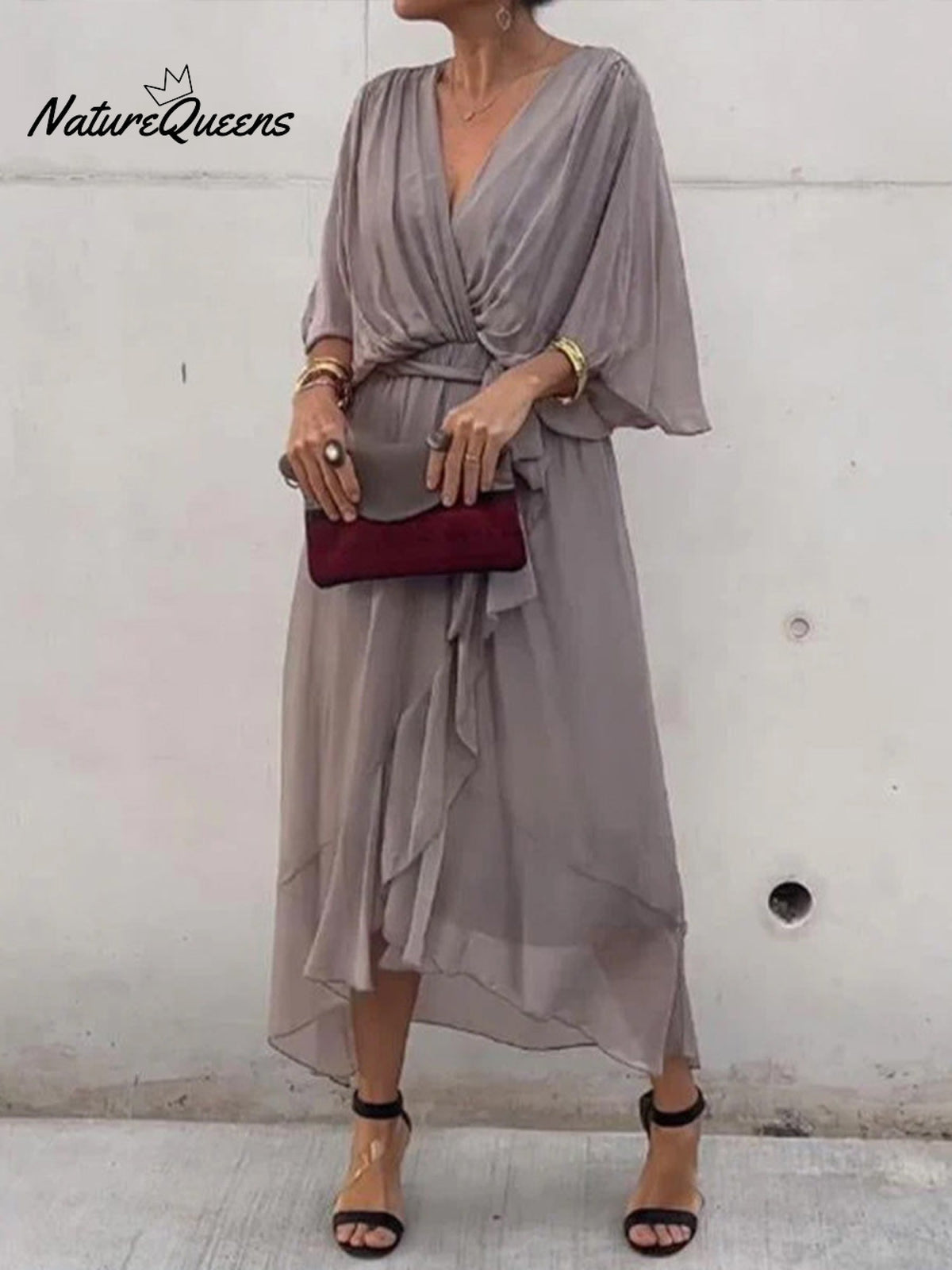 Women's Solid Color V-Neck Batwing Sleeve Casual Tie-up Ruffled Flowing Chiffon Dress