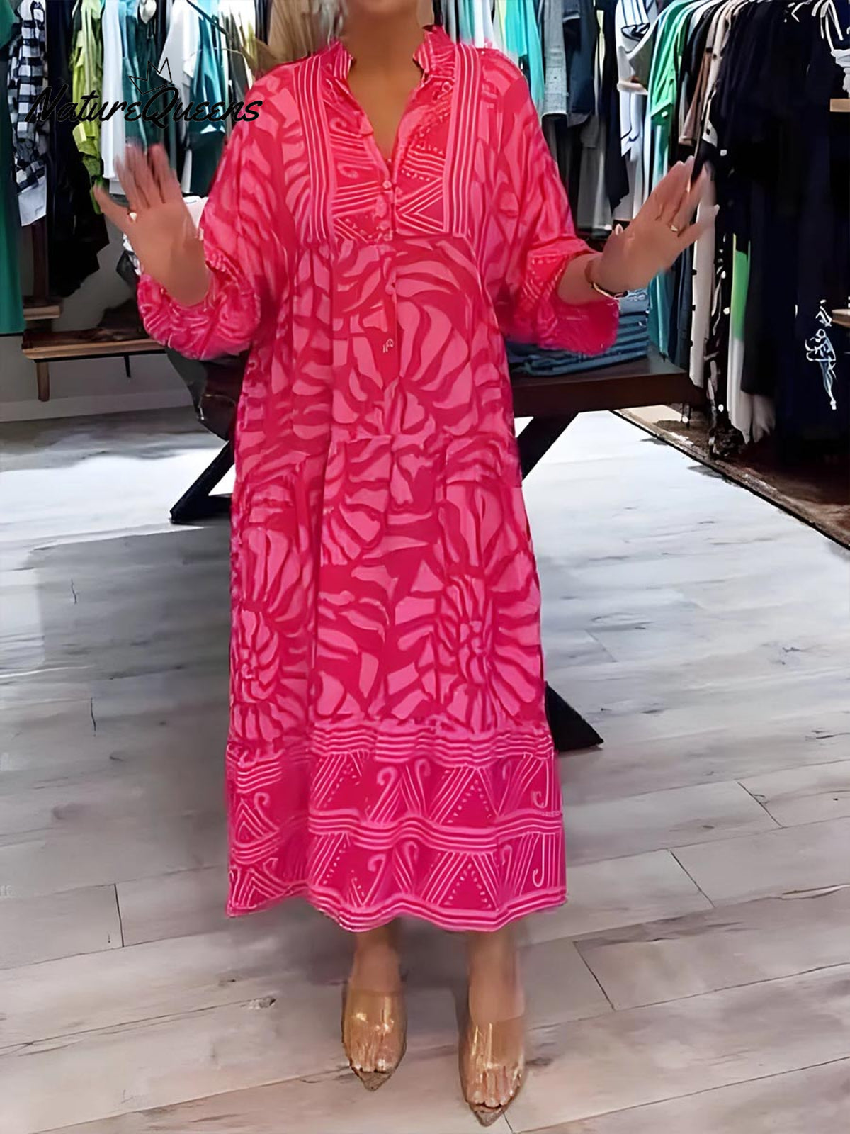 Women's Geometric Print V-Neck 3/4 Sleeve Casual Loose A-Line Dress