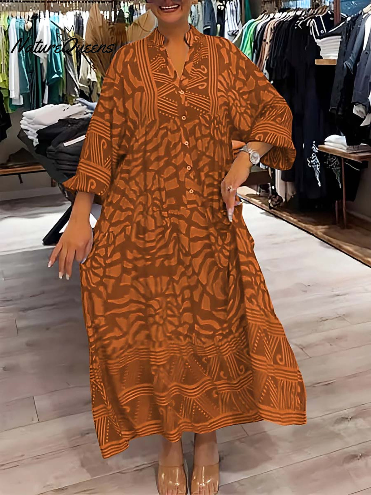 Women's Geometric Print V-Neck 3/4 Sleeve Casual Loose A-Line Dress