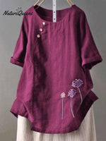 Women‘s Floral Embroidered Loose Linen Casual Shirt