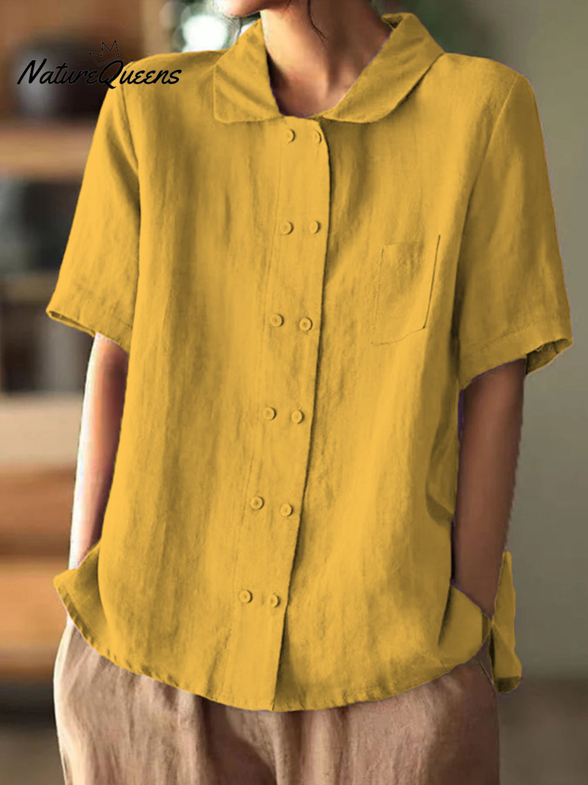 Women's Double-breasted Cotton and Linen Shirt