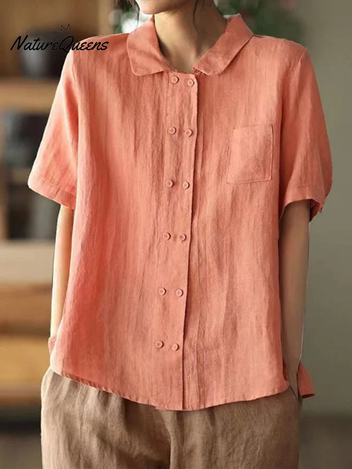 Women's Double-breasted Cotton and Linen Shirt