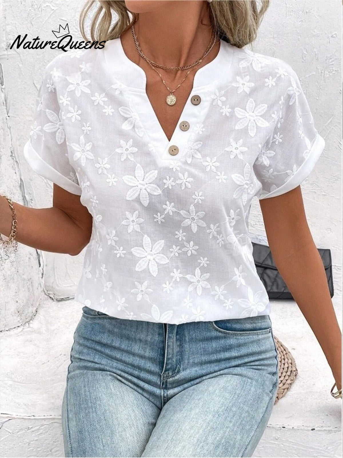 Women's Embroidered Lace Short-sleeved Cotton Shirt