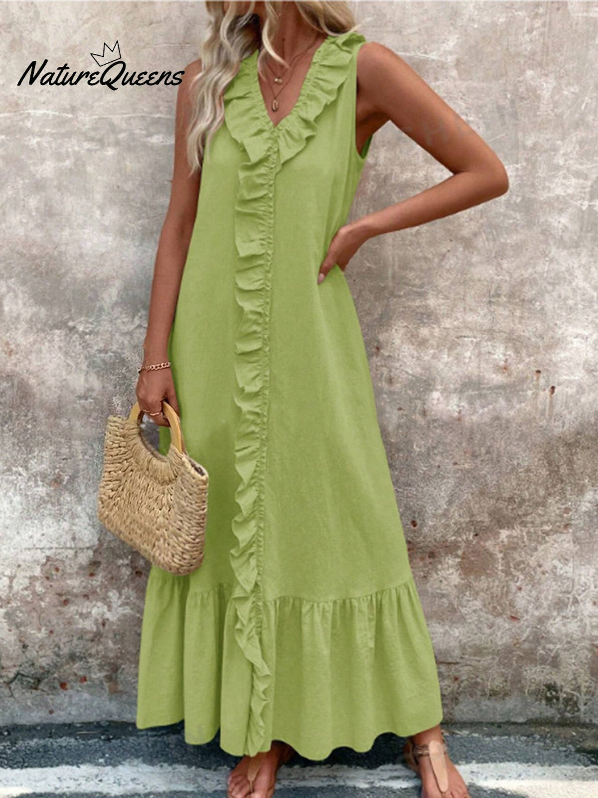 Women's V-neck Cotton and Linen Dress