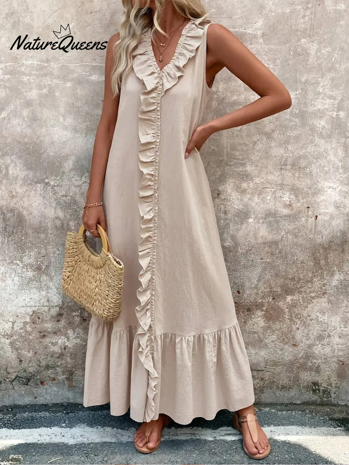 Women's V-neck Cotton and Linen Dress
