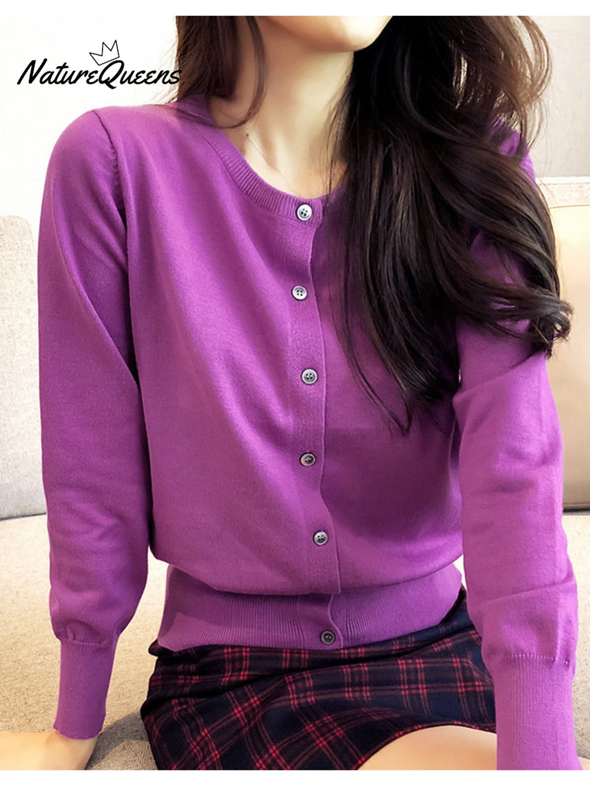 Women's Round Neck Cardigan Solid Color Loose Knit Sweater