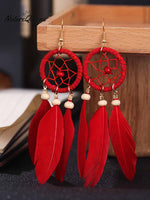 Dream Catcher Long Coffee Feather Earrings