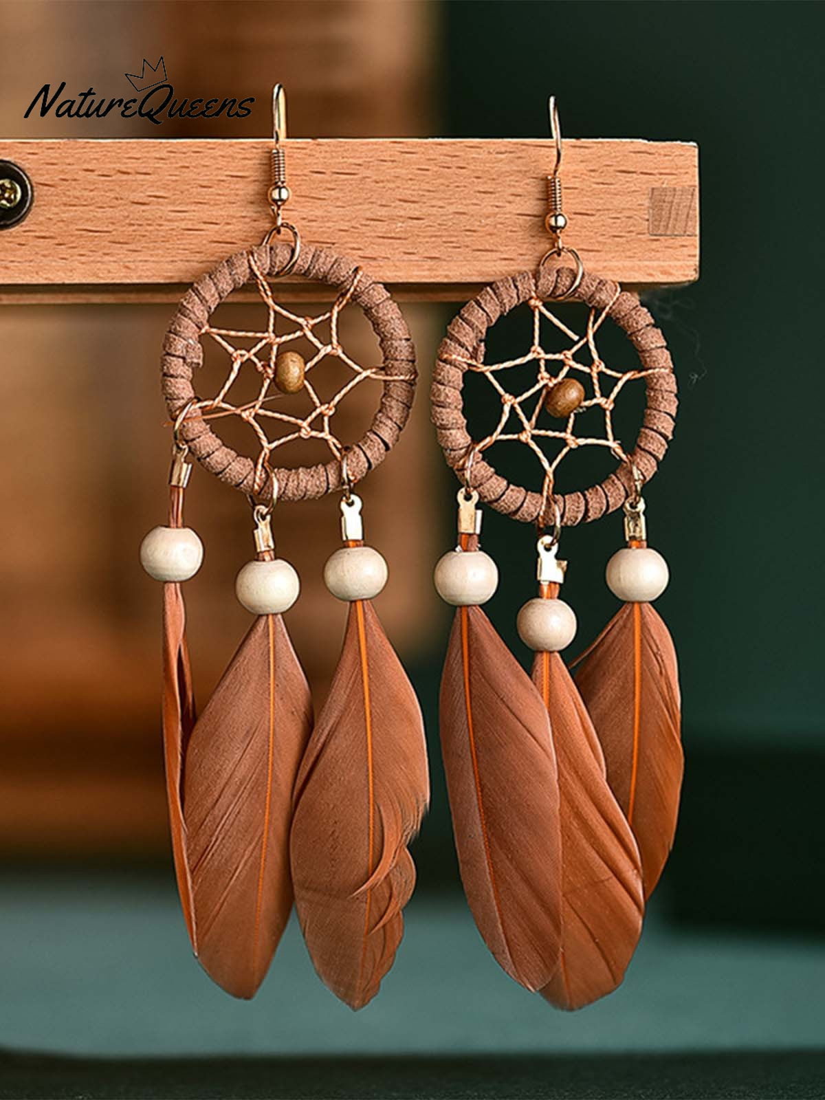Dream Catcher Long Coffee Feather Earrings
