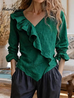 Women'S Solid Color V-Neck Ruffle Trim Cotton And Linen Top