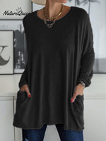 Casual Crew Neck With Pockets Loose Long Sleeve Blouse Black / S