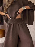 Full Size Boat Neck Top and Wide Leg Pants Set Plus Size