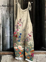 Vintage Flowers ArtPrint Linen Loose Casual Jumpsuit