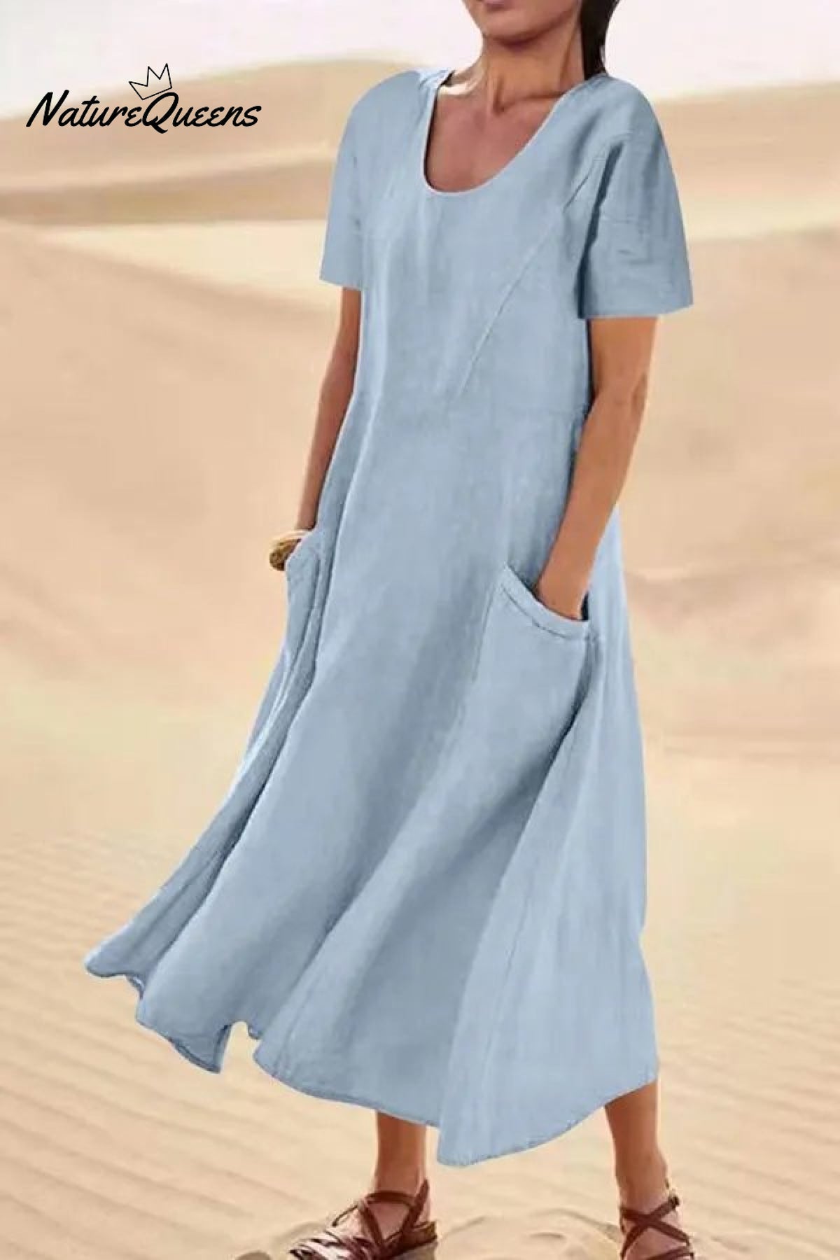 Jfn Cotton & Linen Solid Color Loose Casual Pocket Dress Sky Blue / S(6 - 8)