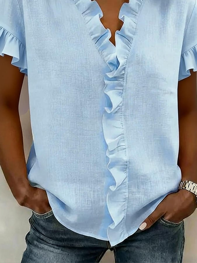 Women's Casual V-neck Ruffled Short-sleeved Top