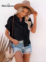 Women’s Cotton Linen Short Sleeves Ladies Lapel Buttoned Shirt Black / S