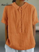 Women’s Solid Color Cotton And Linen Lapel Short Sleeved Casual Blouse Orange / M