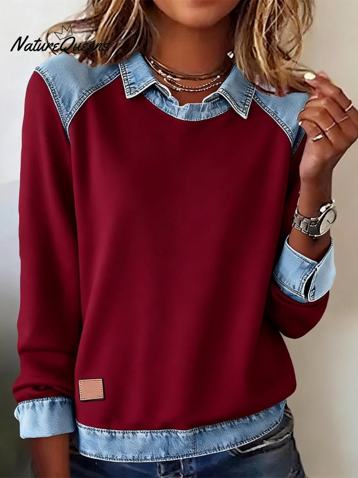Women'S Casual Lapel Denim Stitching Pullover Sweatshirt