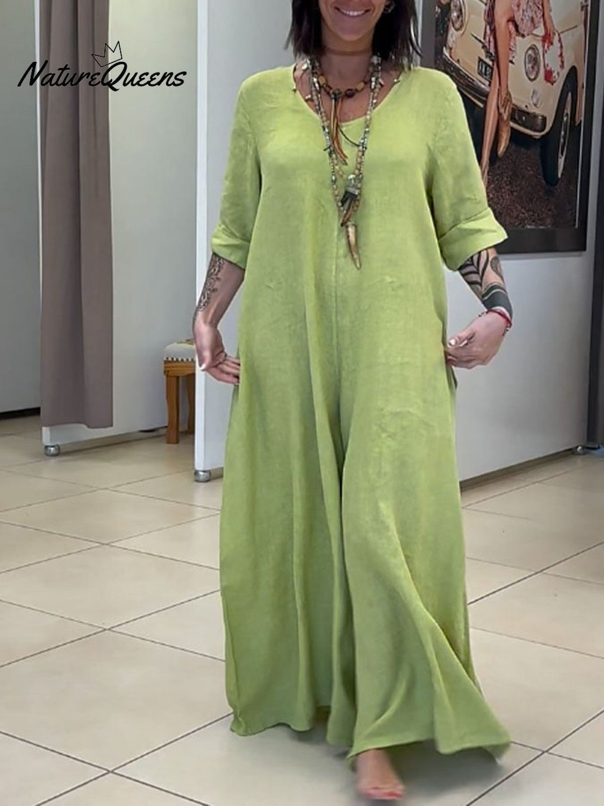 Women's Casual Solid Color V-Neck Mid-Sleeve Cotton and Linen Jumpsuit