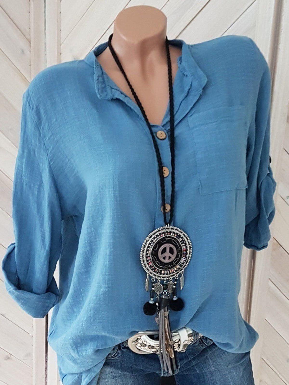 Daily V Neck Buttons Long Sleeve Solid Blouses