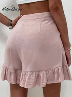 Women Summer Cotton Casual Plain Natural Ruffled Shorts