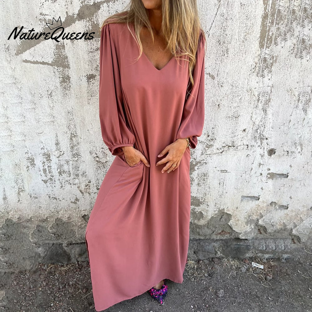 🔥Hot Sale 50% OFF🔥V-neck Solid Color Lantern Sleeve Dress