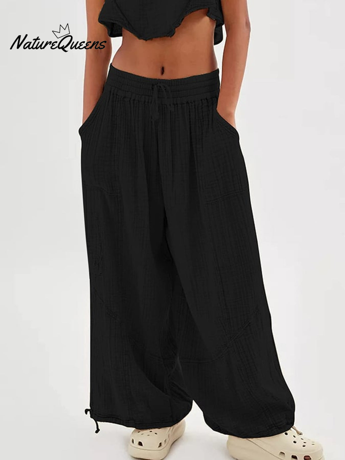 Women's Casual Fashion Solid Color Strap Pocket Wide Leg Pants